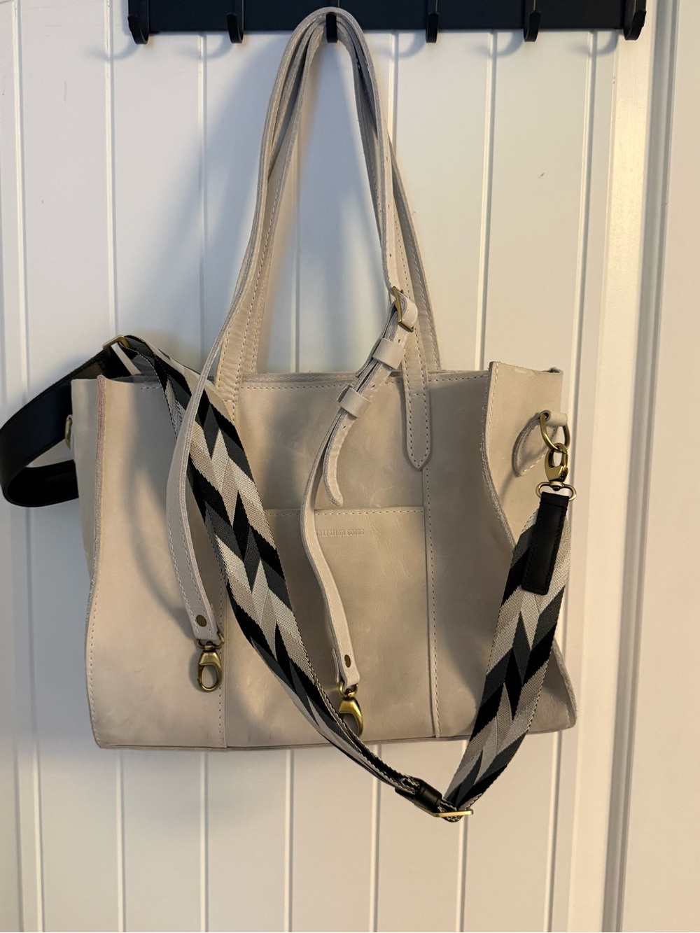 Portland Leather Cream Tote with Black & Gray Geometric Strap
